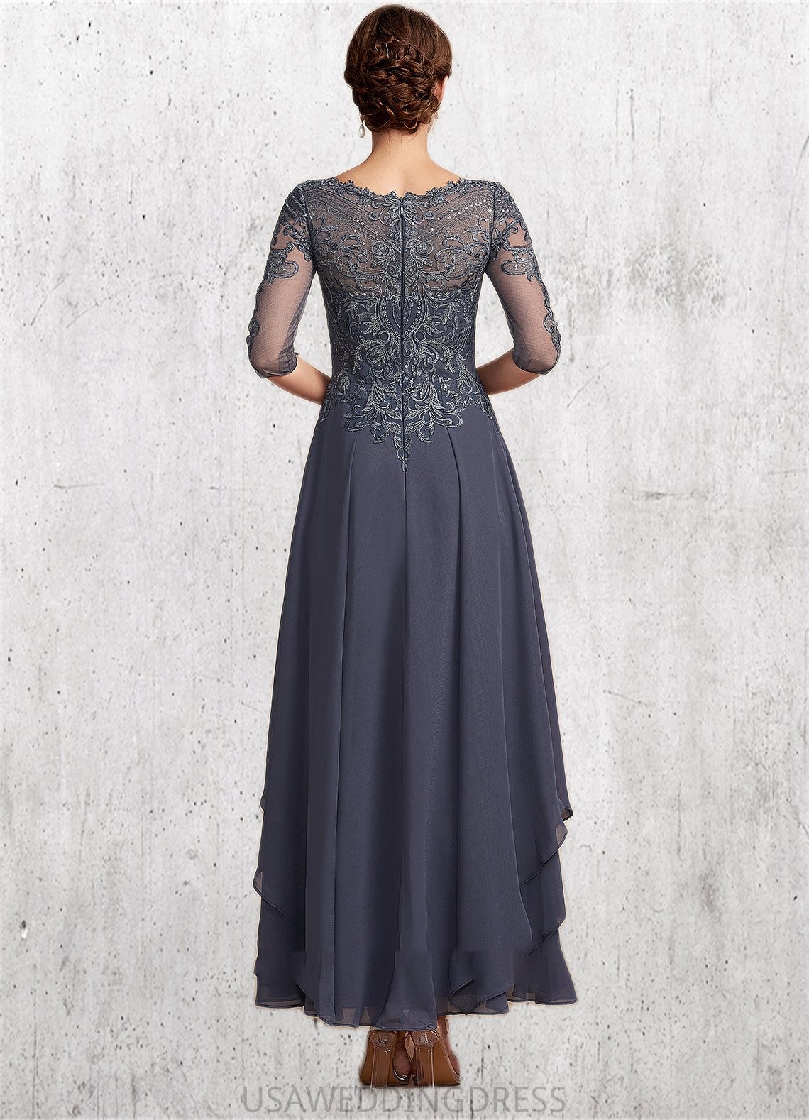 Greta A-Line Scoop Neck Ankle-Length Chiffon Lace Mother of the Bride Dress With Cascading Ruffles DS126P0014698