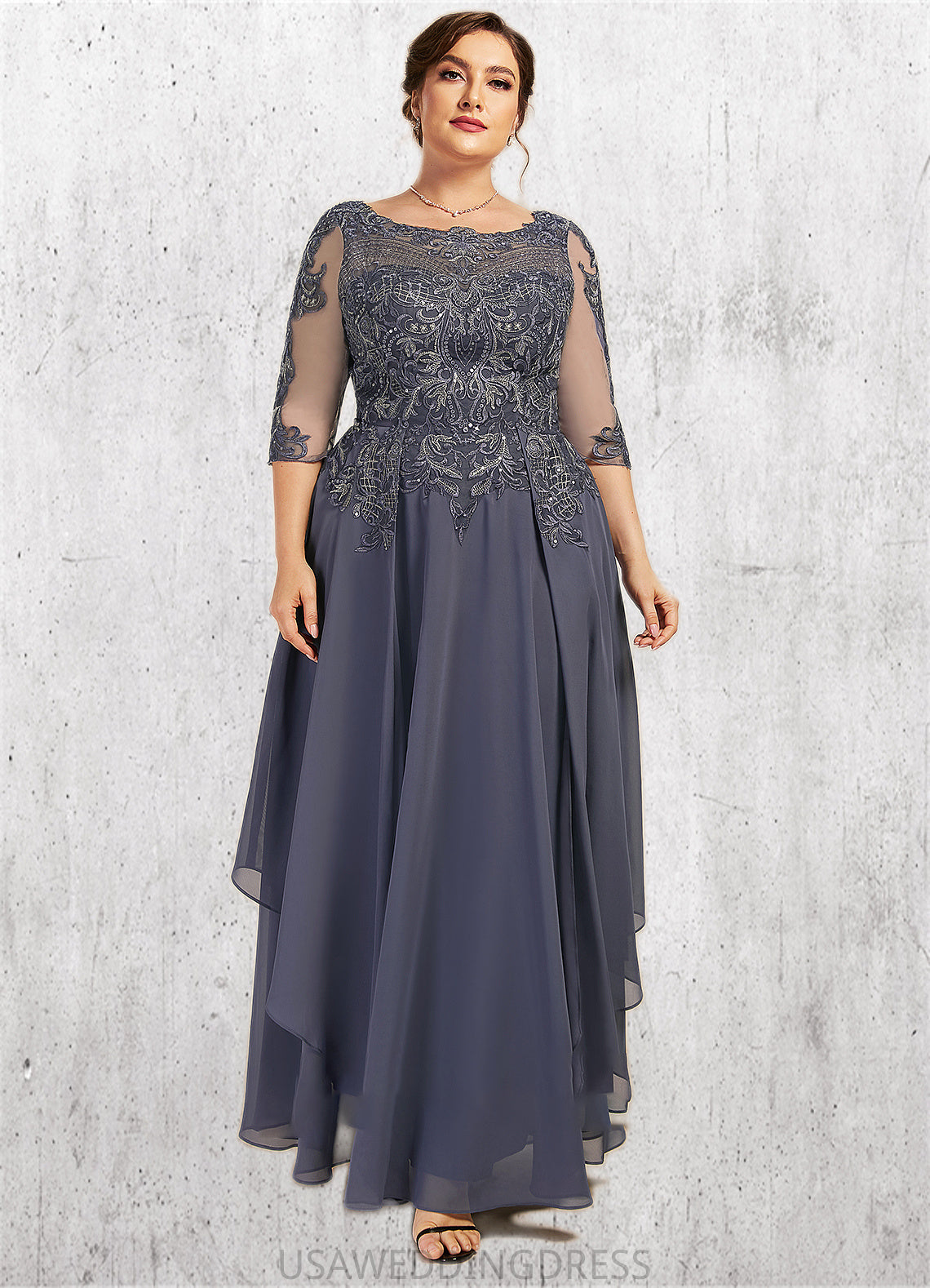 Greta A-Line Scoop Neck Ankle-Length Chiffon Lace Mother of the Bride Dress With Cascading Ruffles DS126P0014698