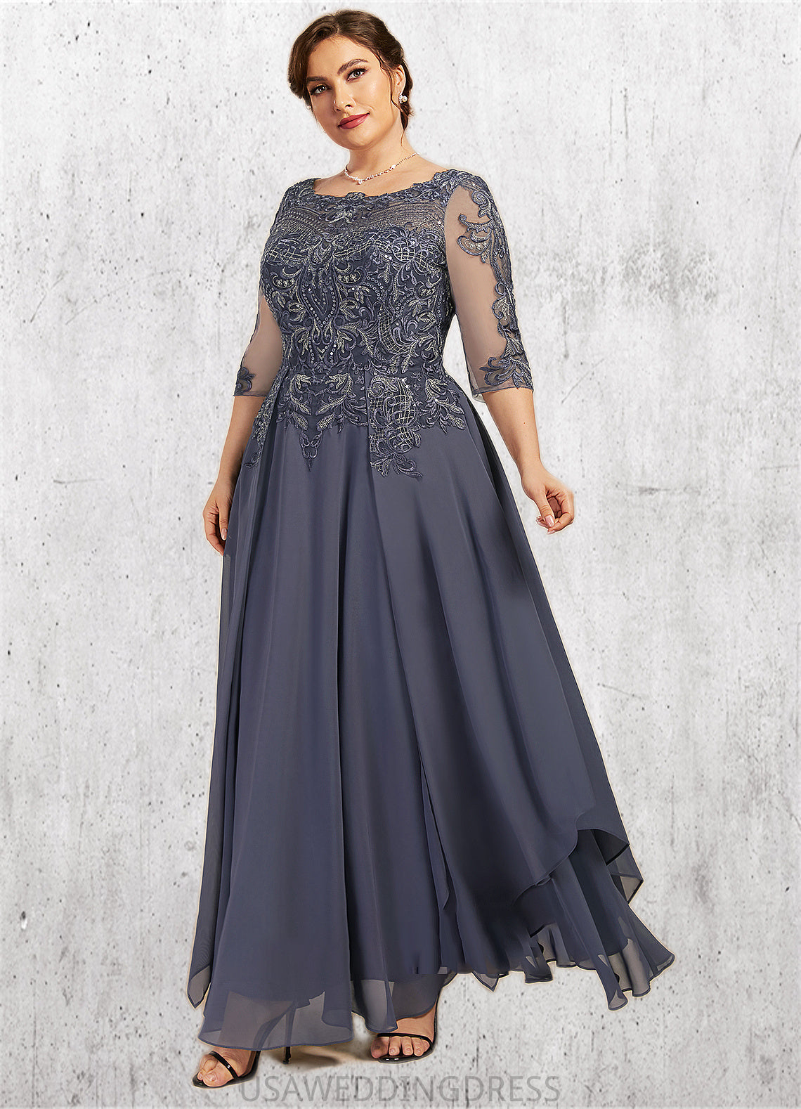 Greta A-Line Scoop Neck Ankle-Length Chiffon Lace Mother of the Bride Dress With Cascading Ruffles DS126P0014698