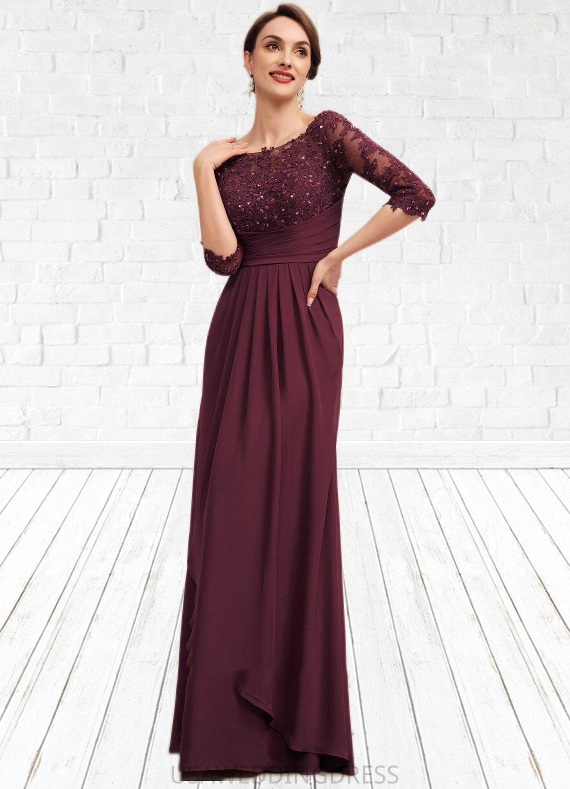 Myla A-Line Off-the-Shoulder Floor-Length Chiffon Lace Mother of the Bride Dress With Beading Sequins Cascading Ruffles DS126P0014700