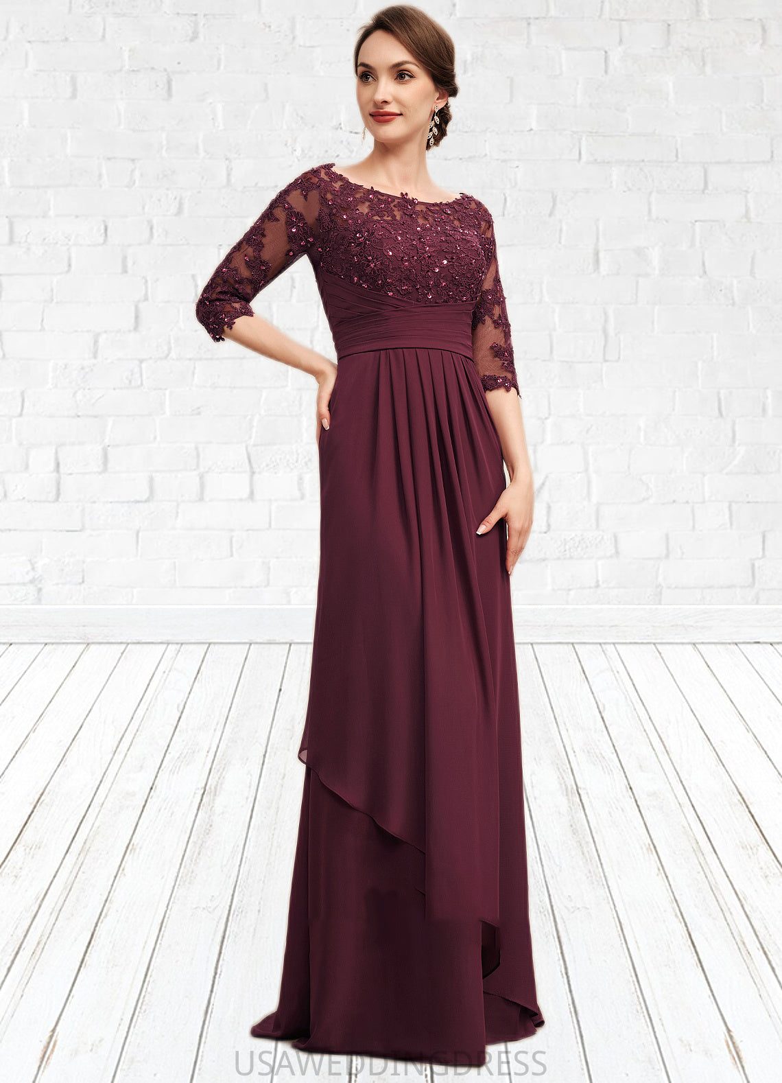 Myla A-Line Off-the-Shoulder Floor-Length Chiffon Lace Mother of the Bride Dress With Beading Sequins Cascading Ruffles DS126P0014700