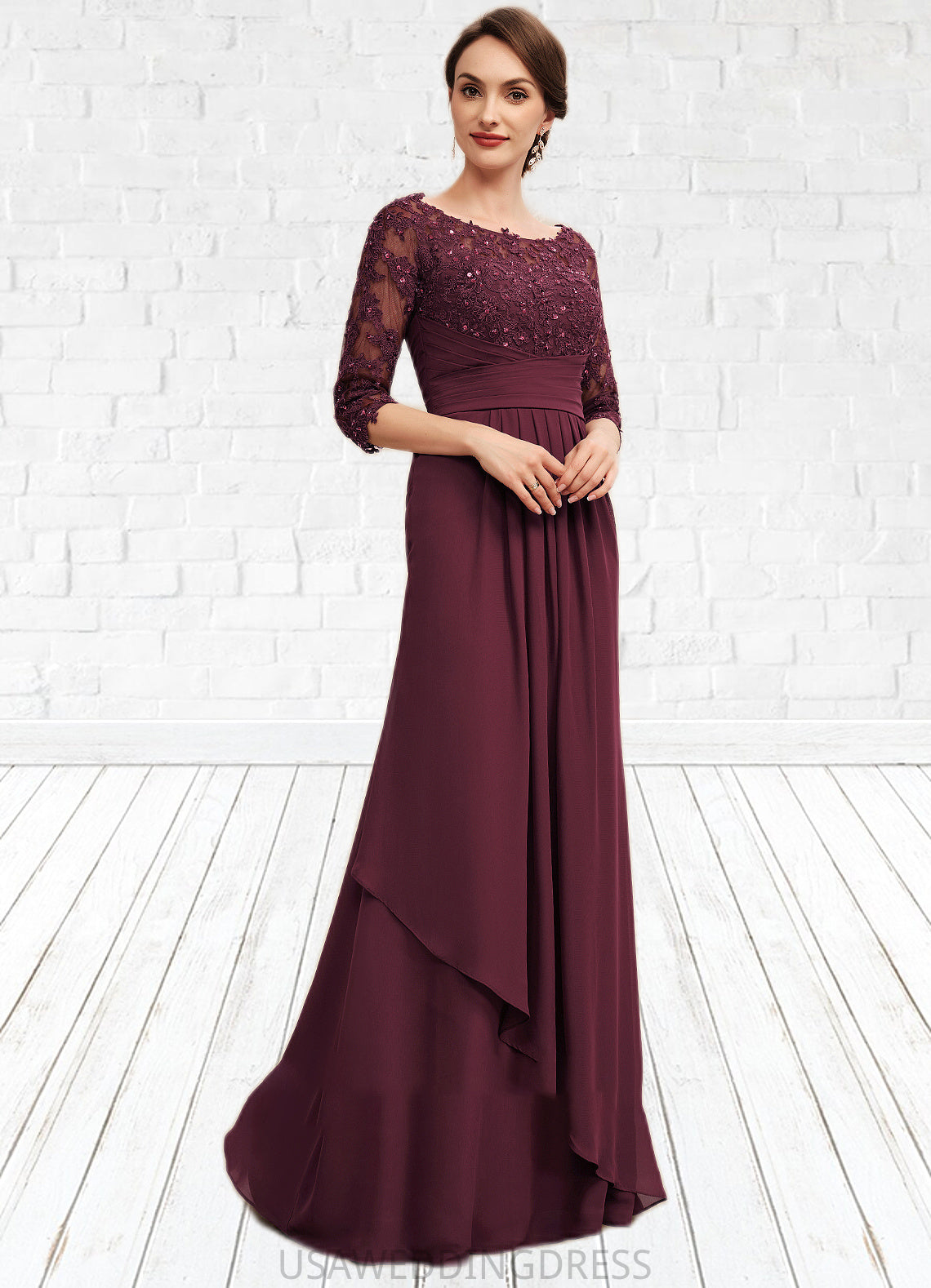 Myla A-Line Off-the-Shoulder Floor-Length Chiffon Lace Mother of the Bride Dress With Beading Sequins Cascading Ruffles DS126P0014700