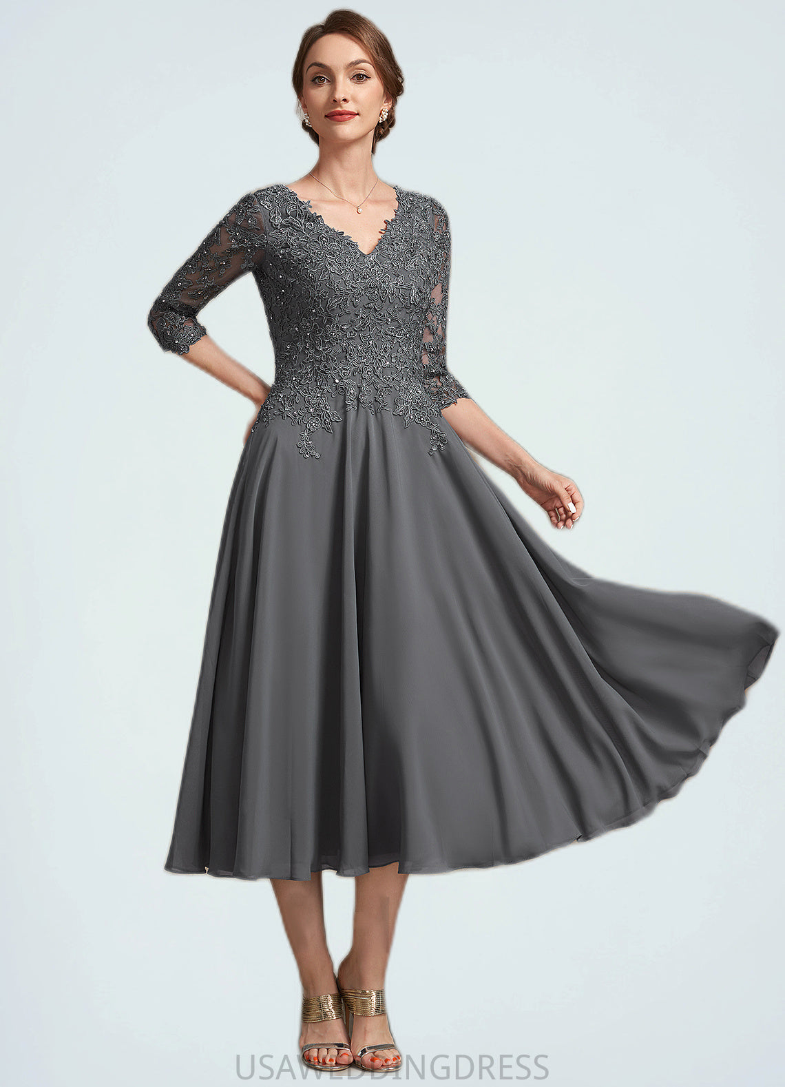 Shayla A-line V-Neck Tea-Length Chiffon Lace Mother of the Bride Dress With Beading Sequins DS126P0014702