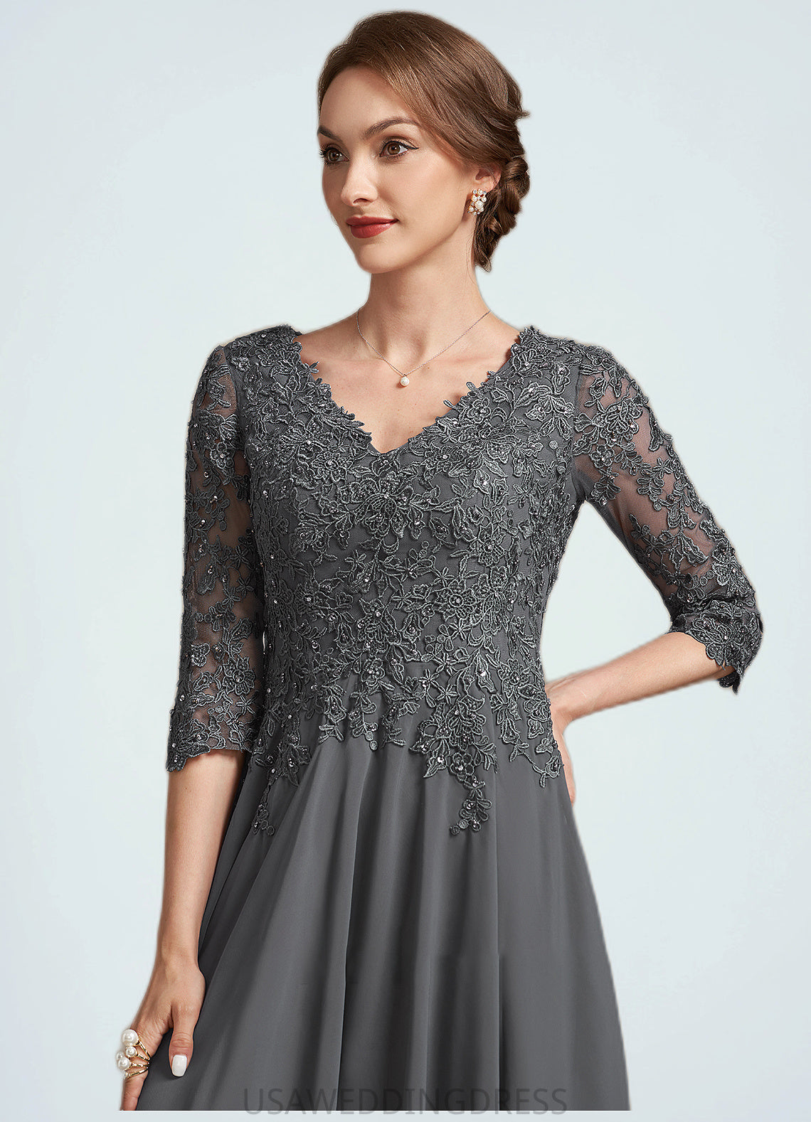 Shayla A-line V-Neck Tea-Length Chiffon Lace Mother of the Bride Dress With Beading Sequins DS126P0014702