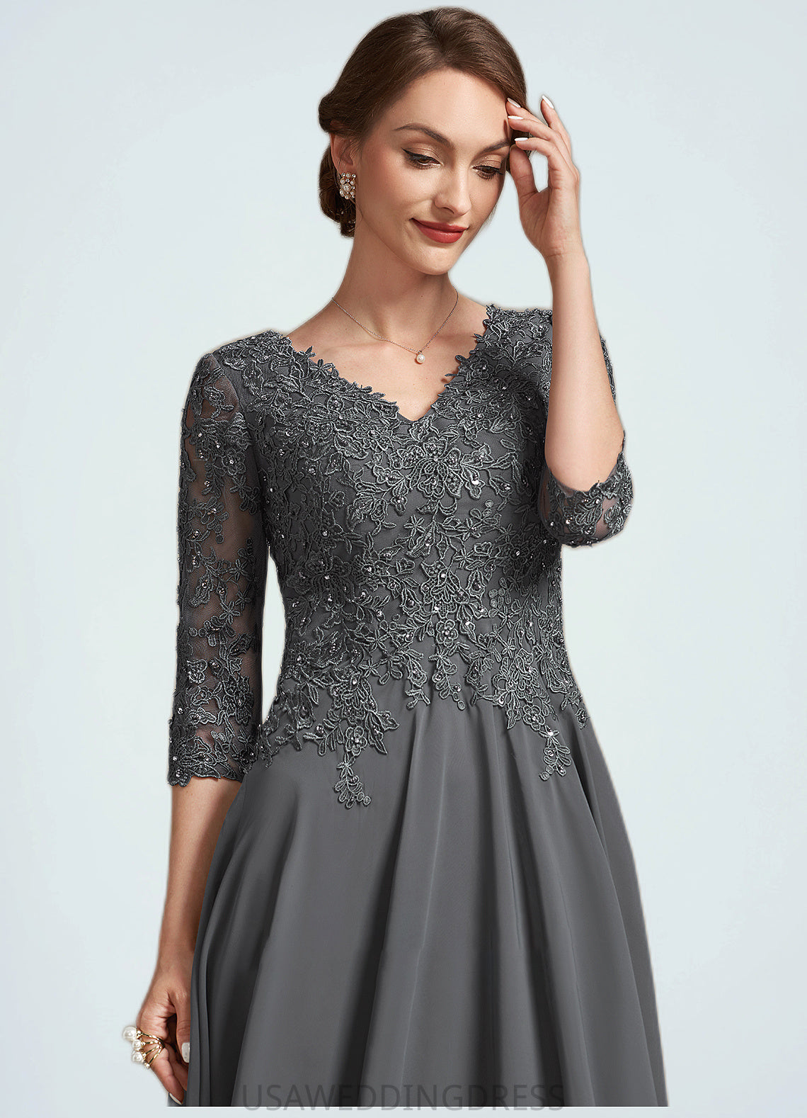 Shayla A-line V-Neck Tea-Length Chiffon Lace Mother of the Bride Dress With Beading Sequins DS126P0014702