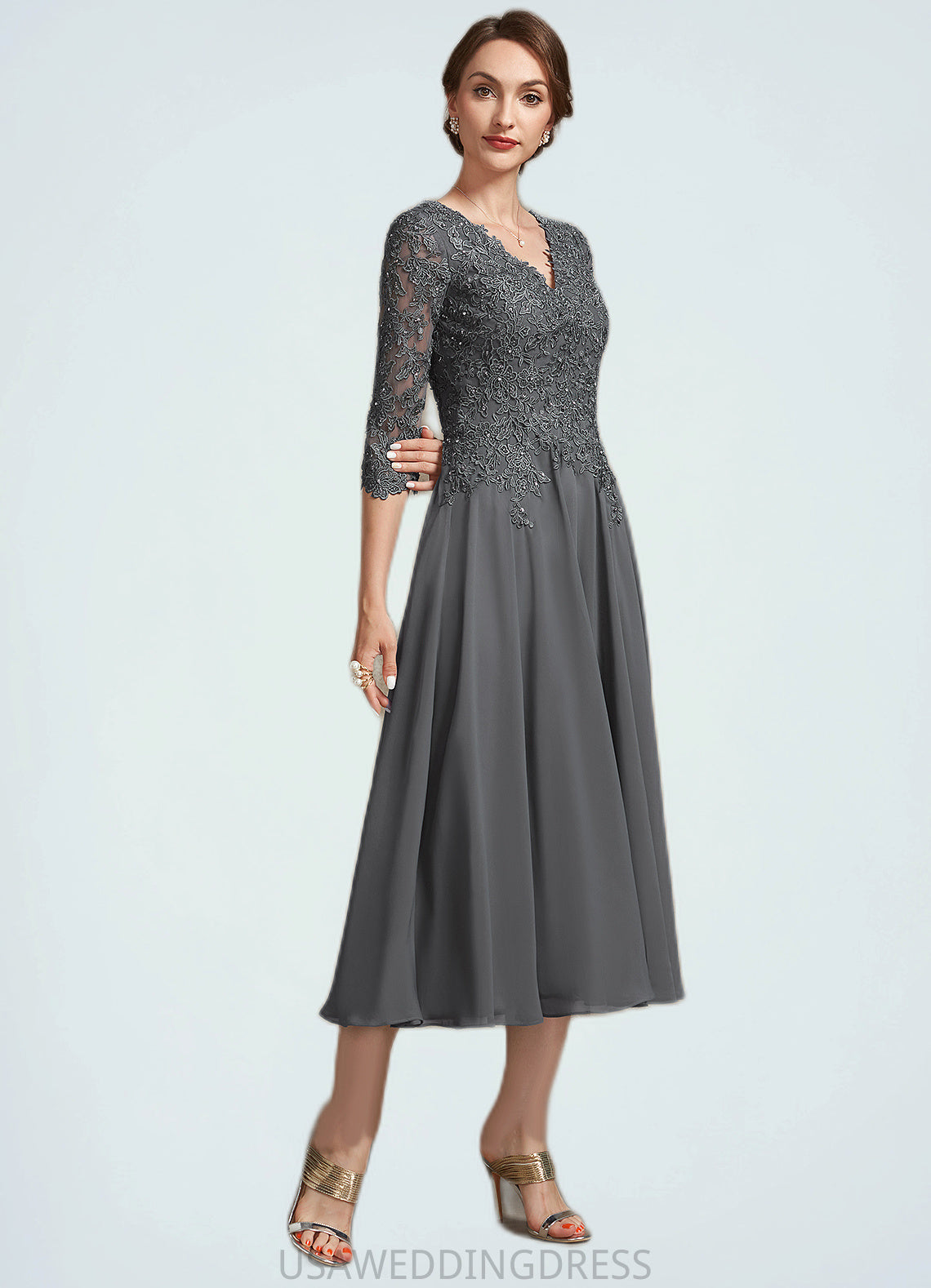 Shayla A-line V-Neck Tea-Length Chiffon Lace Mother of the Bride Dress With Beading Sequins DS126P0014702