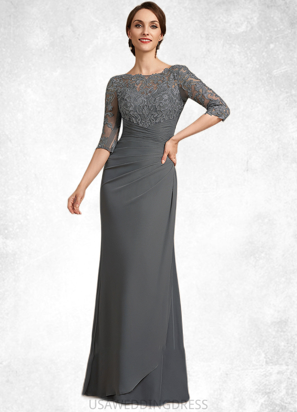 Allyson Sheath/Column Scoop Neck Floor-Length Chiffon Lace Mother of the Bride Dress With Ruffle DS126P0014703