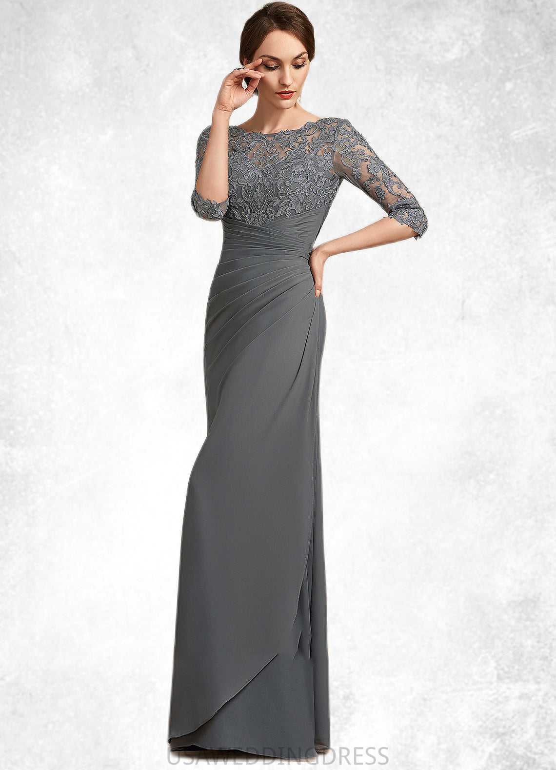 Allyson Sheath/Column Scoop Neck Floor-Length Chiffon Lace Mother of the Bride Dress With Ruffle DS126P0014703