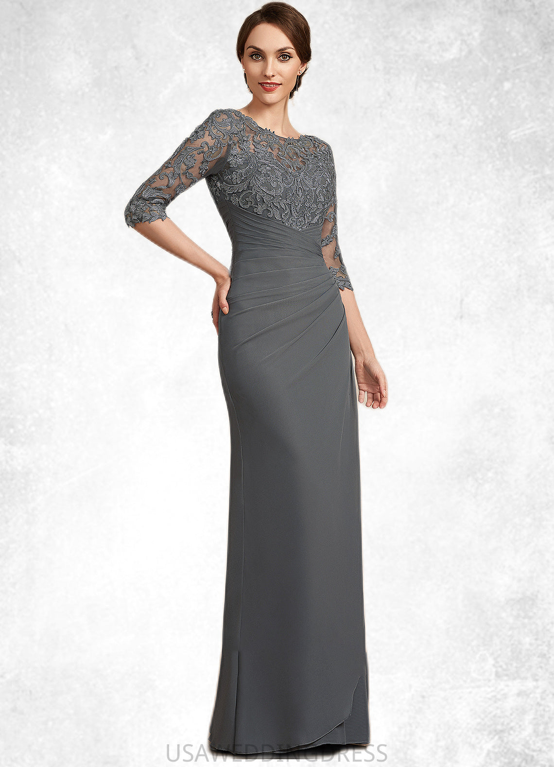 Allyson Sheath/Column Scoop Neck Floor-Length Chiffon Lace Mother of the Bride Dress With Ruffle DS126P0014703