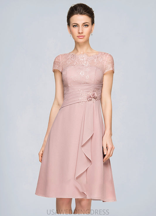 Moriah A-Line Scoop Neck Knee-Length Chiffon Lace Mother of the Bride Dress With Beading Flower(s) Sequins Cascading Ruffles DS126P0014704