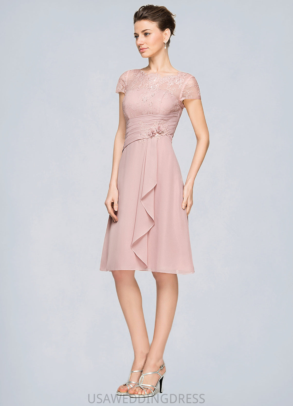 Moriah A-Line Scoop Neck Knee-Length Chiffon Lace Mother of the Bride Dress With Beading Flower(s) Sequins Cascading Ruffles DS126P0014704