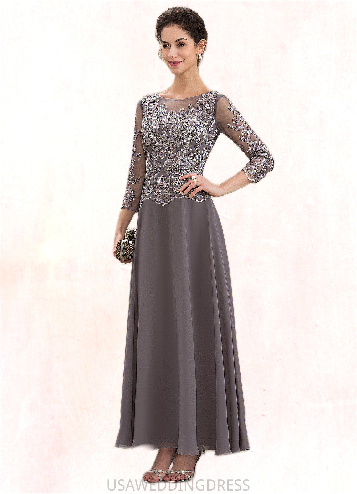 Skylar A-Line Scoop Neck Ankle-Length Chiffon Lace Mother of the Bride Dress DS126P0014706