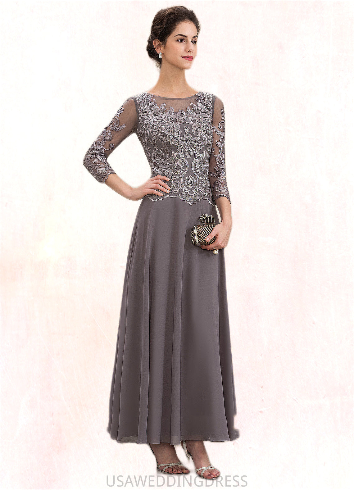 Skylar A-Line Scoop Neck Ankle-Length Chiffon Lace Mother of the Bride Dress DS126P0014706