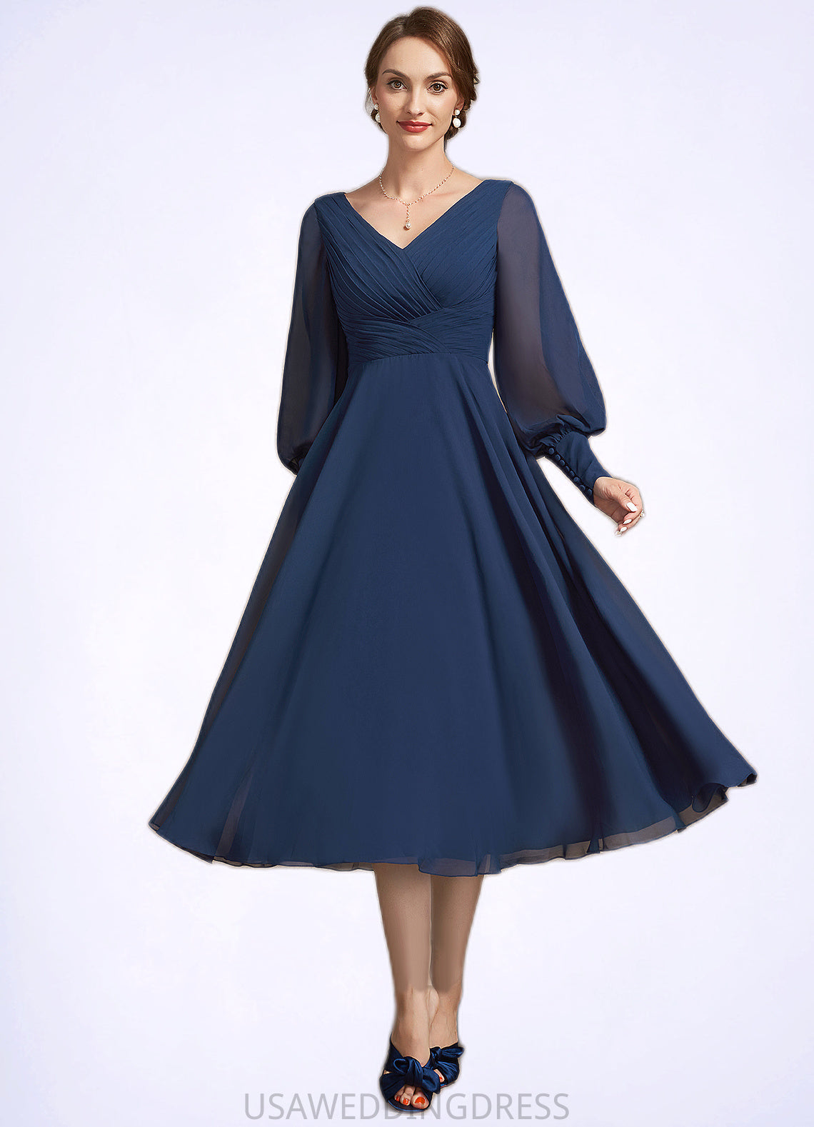 Skylar A-Line V-neck Tea-Length Chiffon Mother of the Bride Dress With Ruffle DS126P0014707