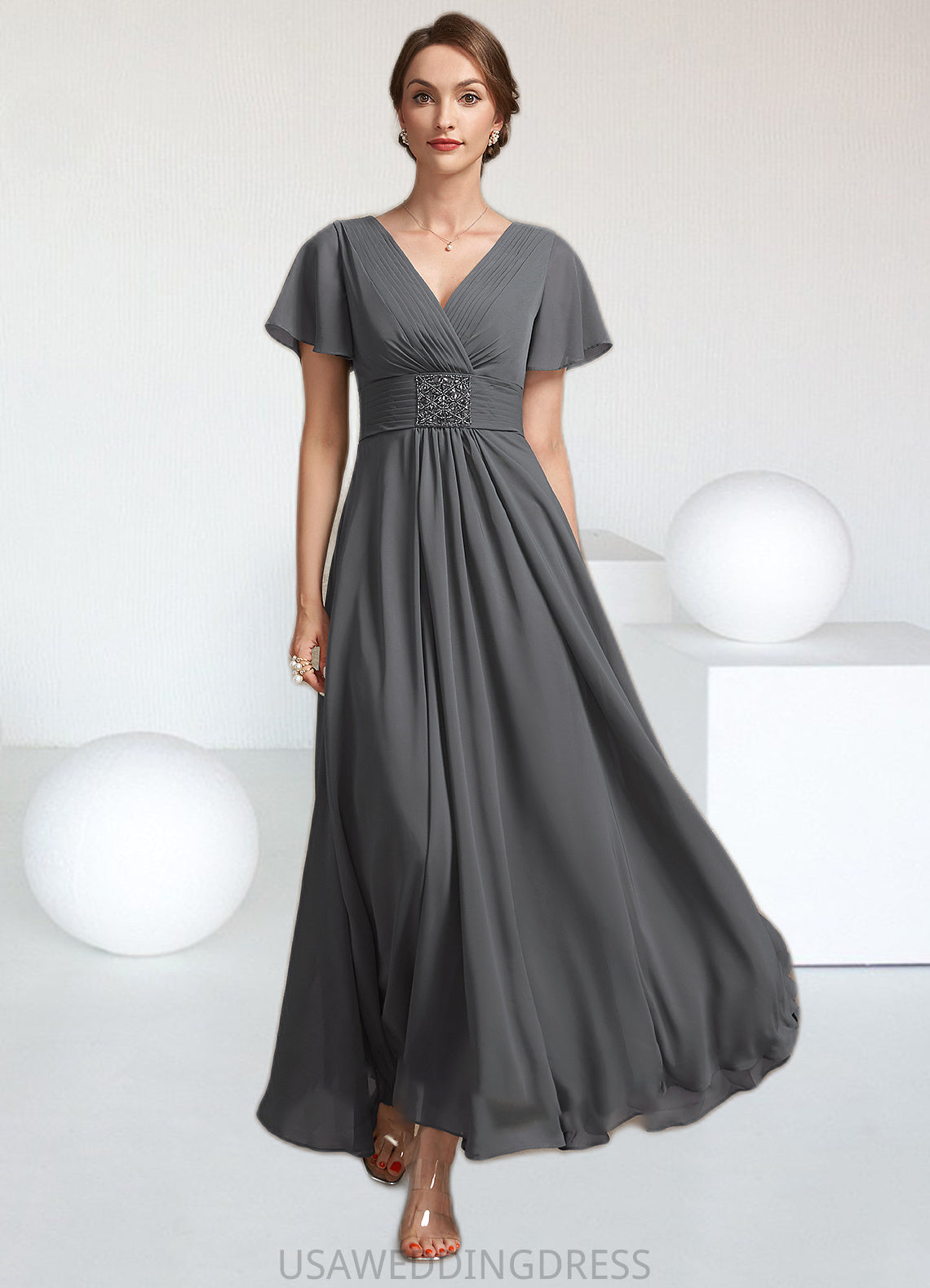 Kaylee A-Line V-neck Ankle-Length Chiffon Mother of the Bride Dress With Ruffle Beading DS126P0014709