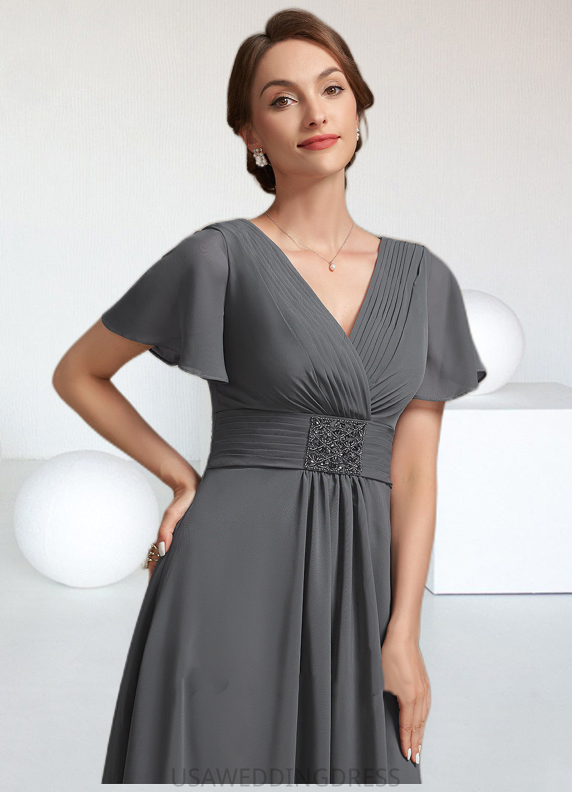 Kaylee A-Line V-neck Ankle-Length Chiffon Mother of the Bride Dress With Ruffle Beading DS126P0014709