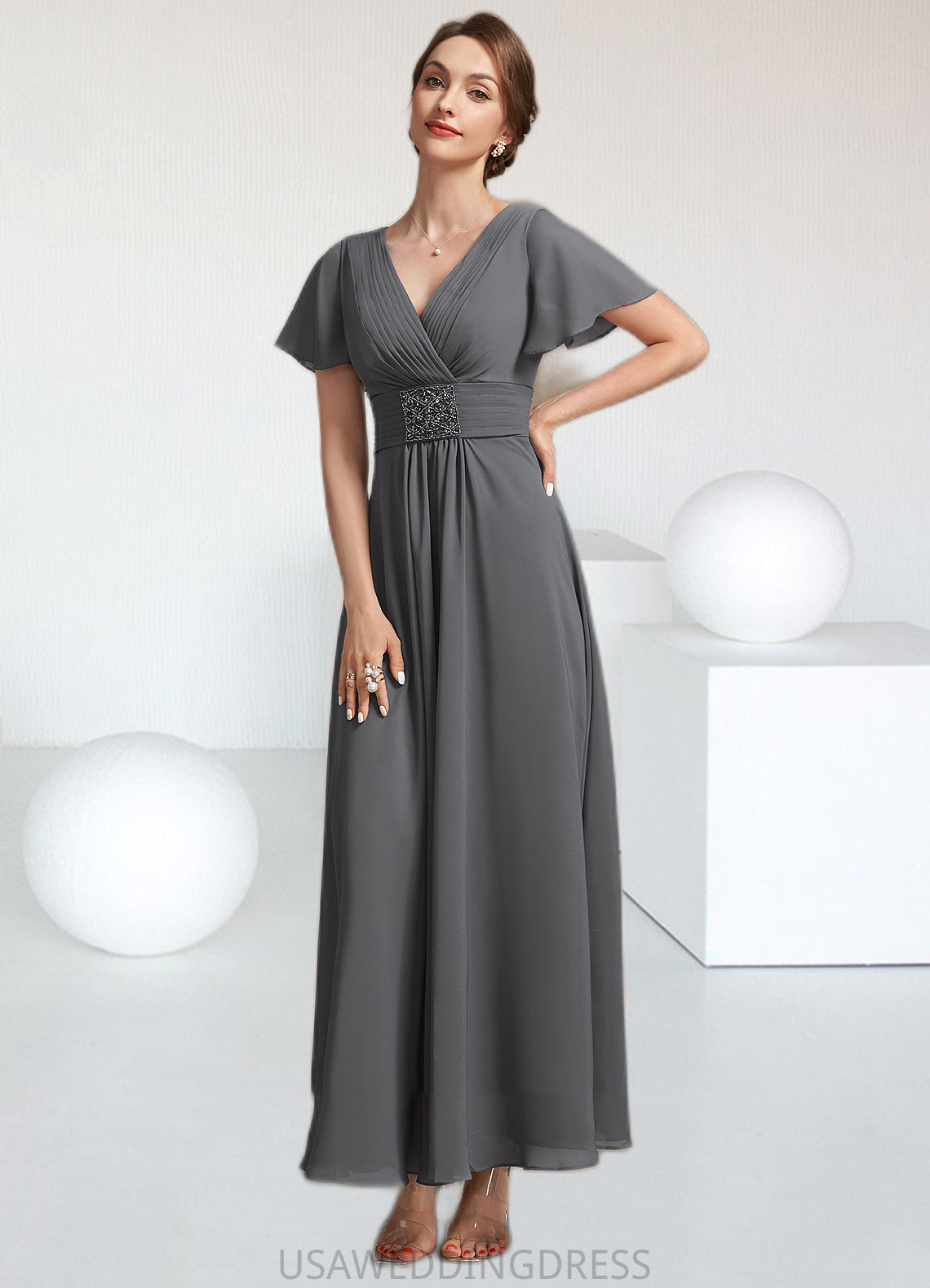 Kaylee A-Line V-neck Ankle-Length Chiffon Mother of the Bride Dress With Ruffle Beading DS126P0014709