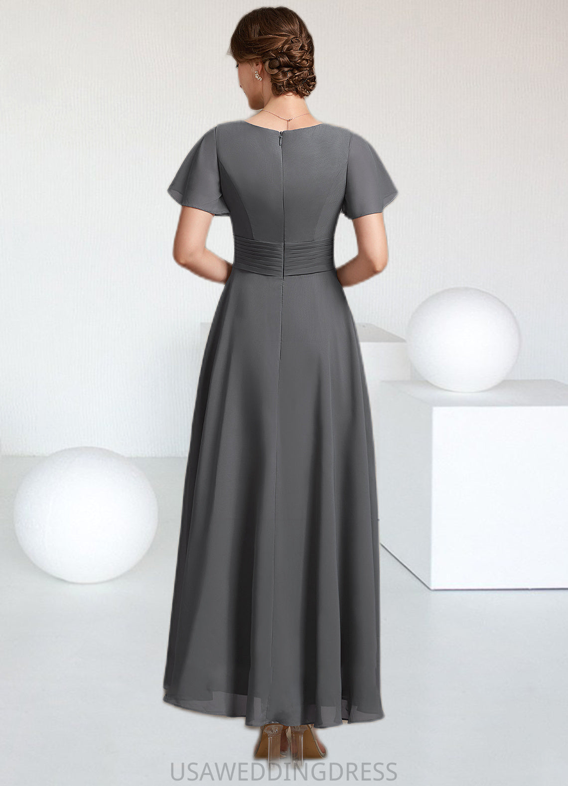 Kaylee A-Line V-neck Ankle-Length Chiffon Mother of the Bride Dress With Ruffle Beading DS126P0014709