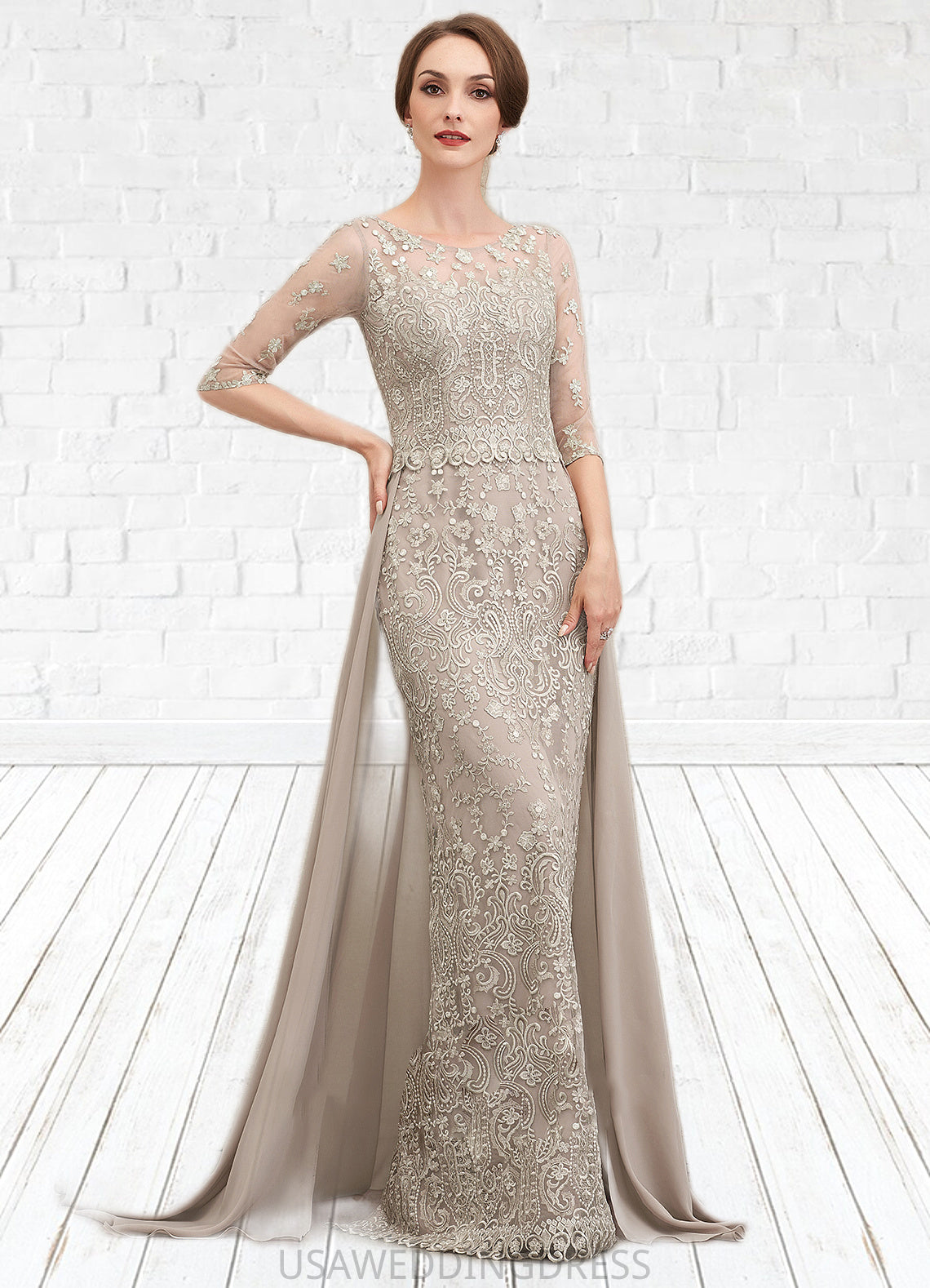 Skye Sheath/Column Scoop Neck Sweep Train Chiffon Lace Mother of the Bride Dress DS126P0014716