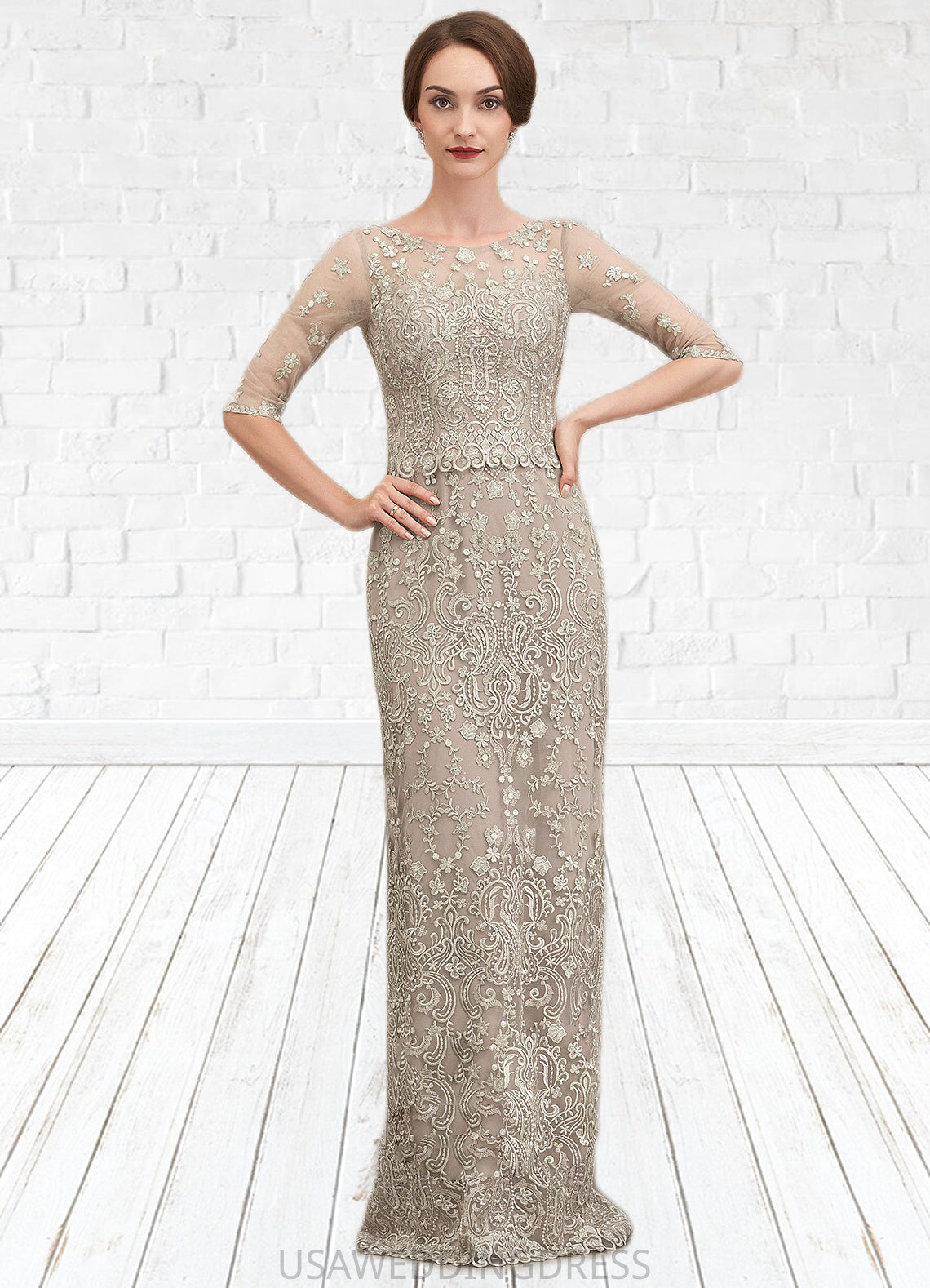 Skye Sheath/Column Scoop Neck Sweep Train Chiffon Lace Mother of the Bride Dress DS126P0014716