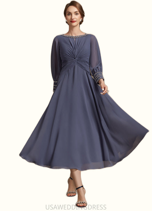 Mya A-Line Scoop Neck Tea-Length Chiffon Mother of the Bride Dress With Ruffle Beading DS126P0014718