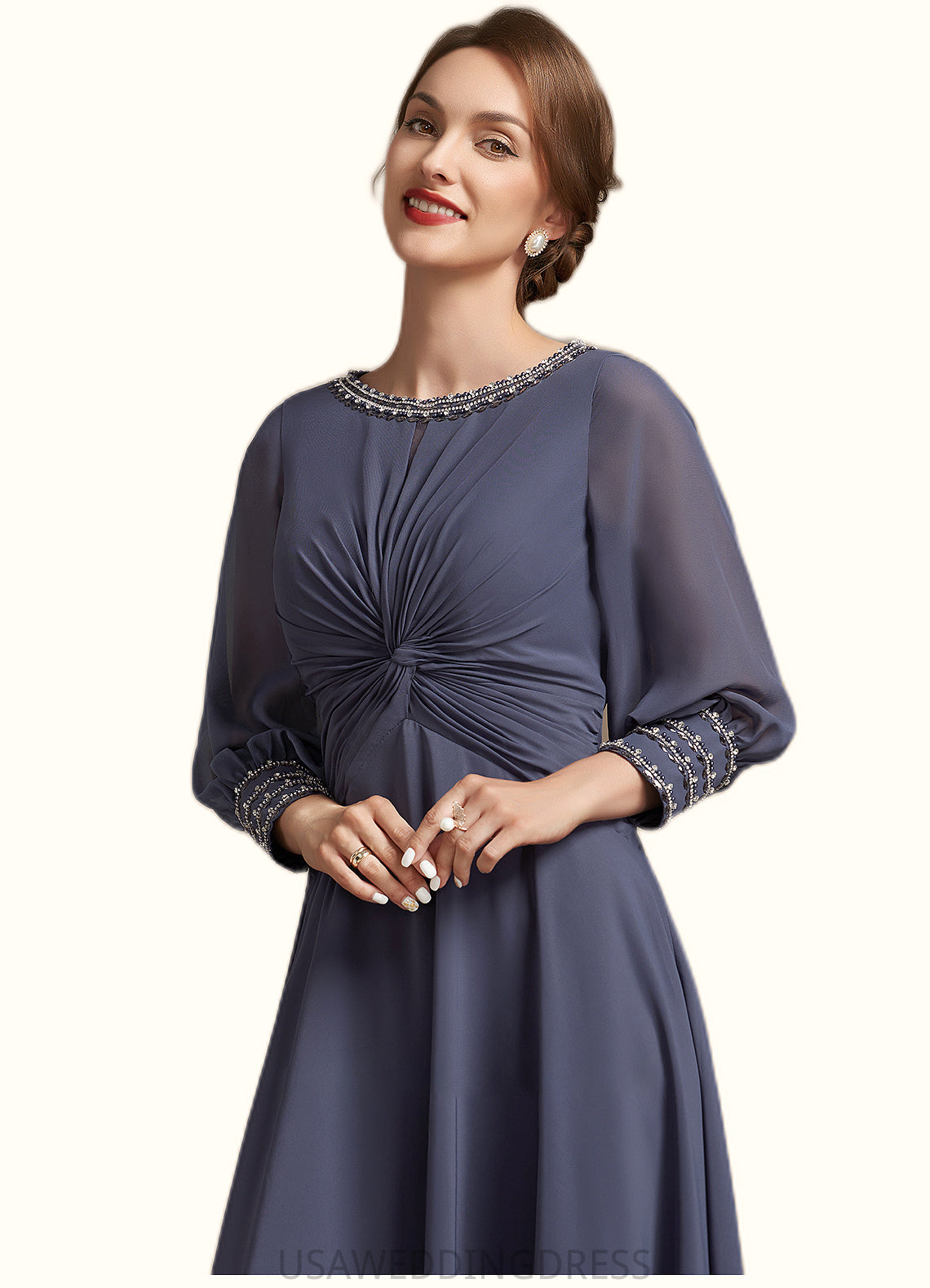 Mya A-Line Scoop Neck Tea-Length Chiffon Mother of the Bride Dress With Ruffle Beading DS126P0014718