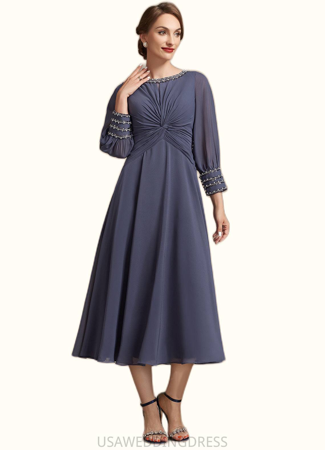 Mya A-Line Scoop Neck Tea-Length Chiffon Mother of the Bride Dress With Ruffle Beading DS126P0014718