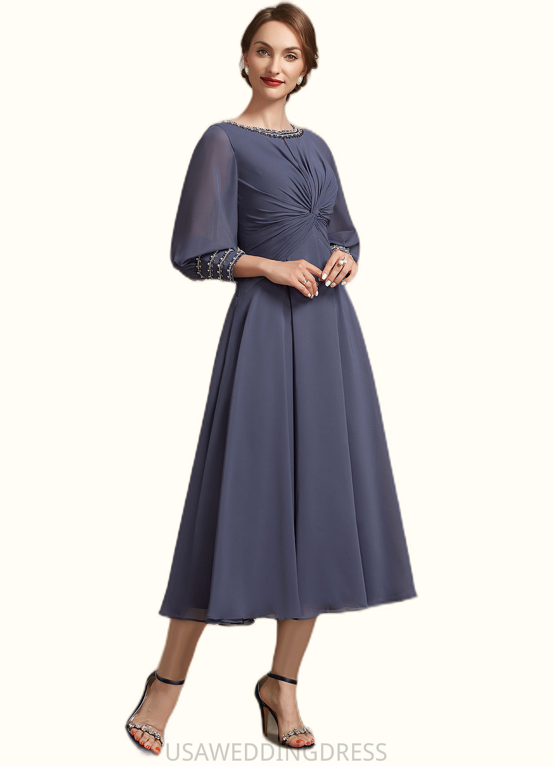 Mya A-Line Scoop Neck Tea-Length Chiffon Mother of the Bride Dress With Ruffle Beading DS126P0014718