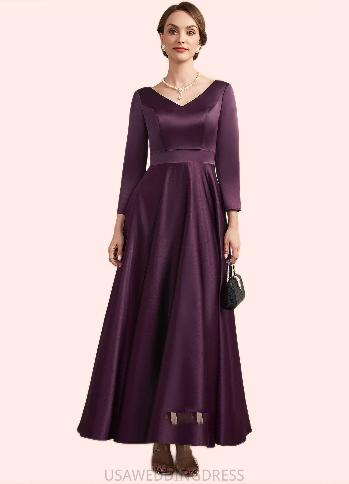 Meredith A-Line V-neck Ankle-Length Satin Mother of the Bride Dress With Pockets DS126P0014720