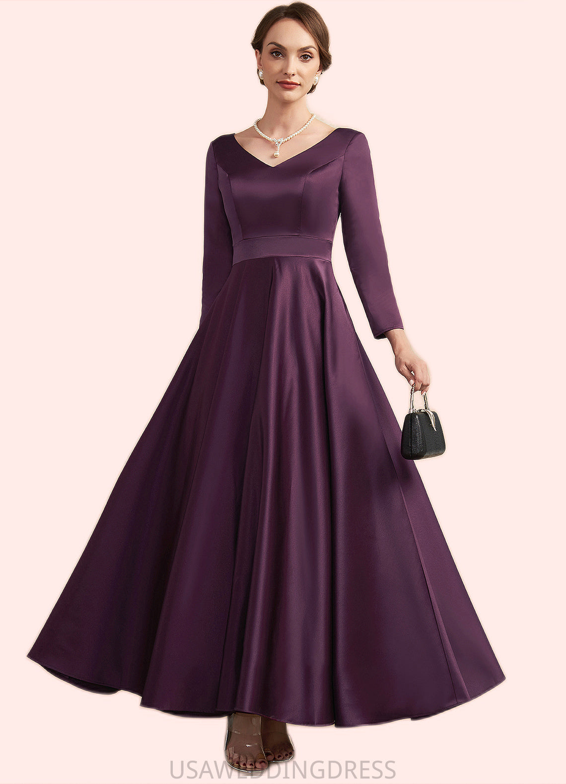 Meredith A-Line V-neck Ankle-Length Satin Mother of the Bride Dress With Pockets DS126P0014720