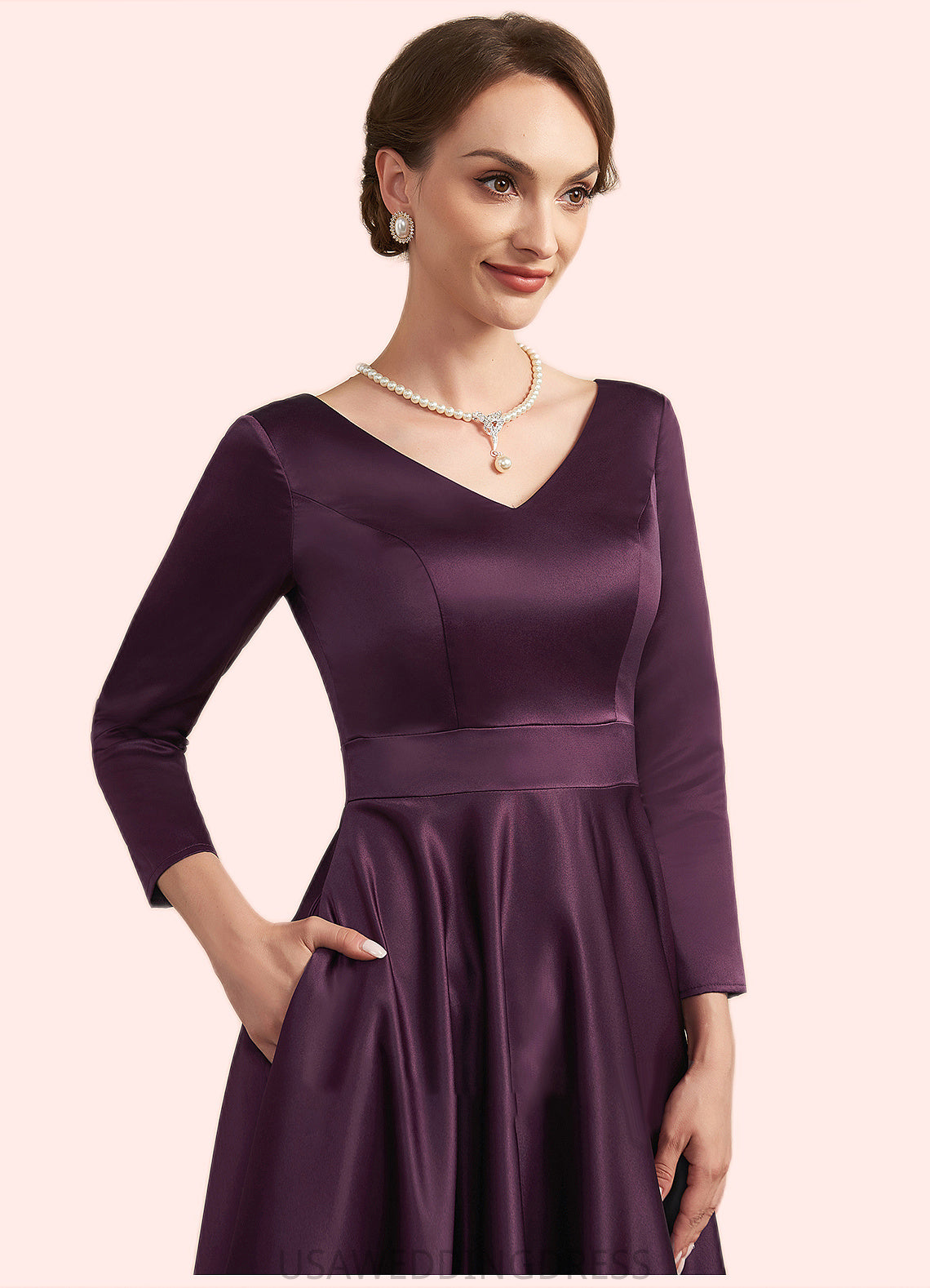 Meredith A-Line V-neck Ankle-Length Satin Mother of the Bride Dress With Pockets DS126P0014720