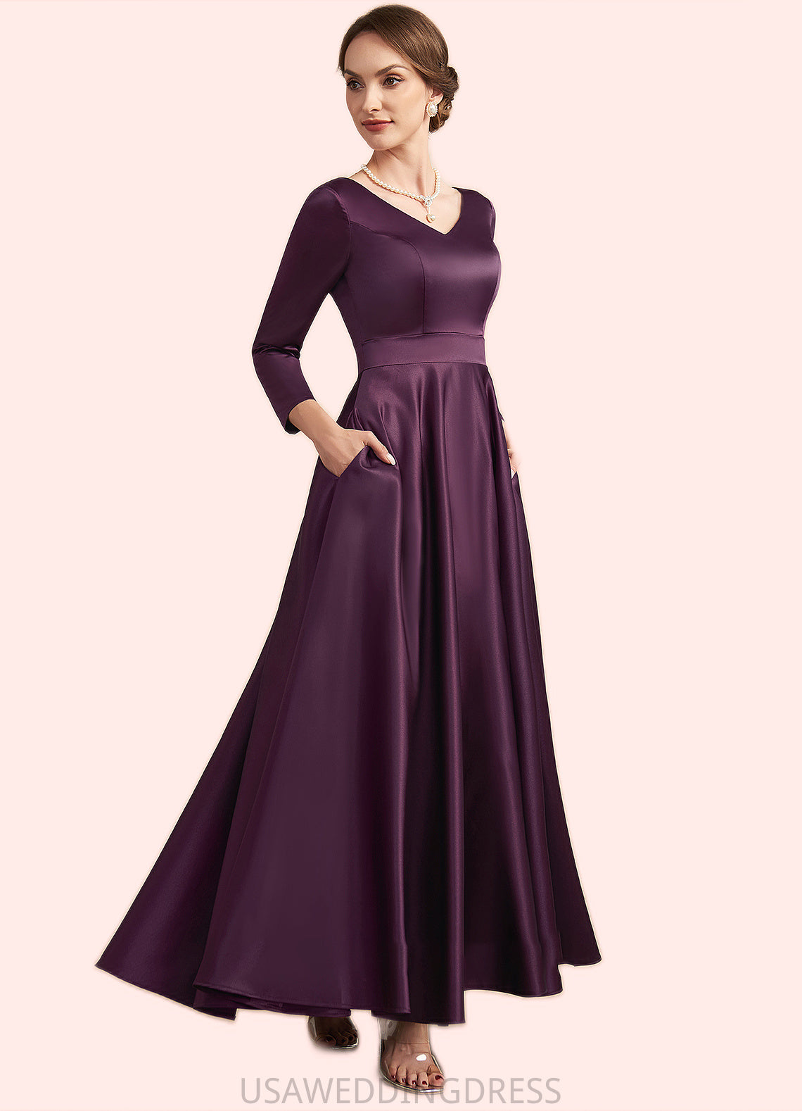 Meredith A-Line V-neck Ankle-Length Satin Mother of the Bride Dress With Pockets DS126P0014720