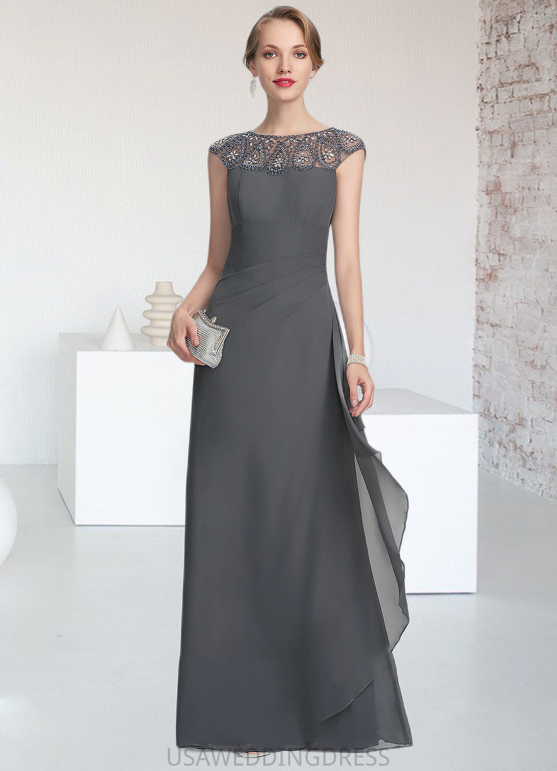 Adalyn A-Line Scoop Neck Floor-Length Chiffon Mother of the Bride Dress With Beading Sequins Cascading Ruffles DS126P0014721