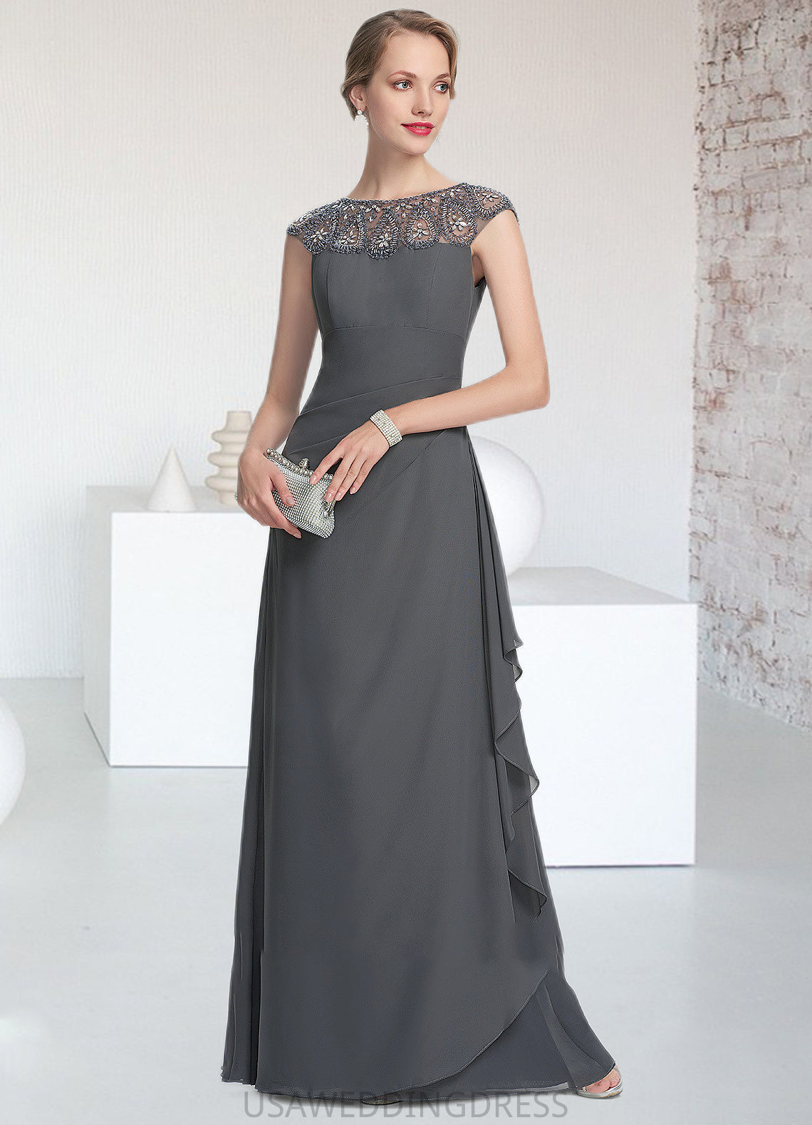 Adalyn A-Line Scoop Neck Floor-Length Chiffon Mother of the Bride Dress With Beading Sequins Cascading Ruffles DS126P0014721