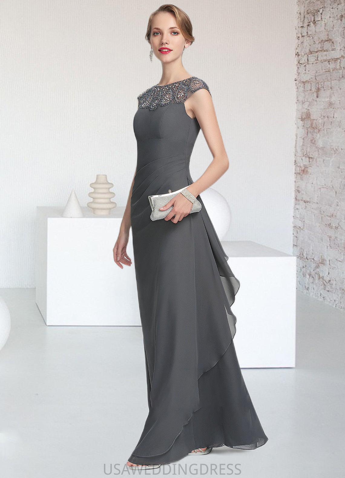 Adalyn A-Line Scoop Neck Floor-Length Chiffon Mother of the Bride Dress With Beading Sequins Cascading Ruffles DS126P0014721