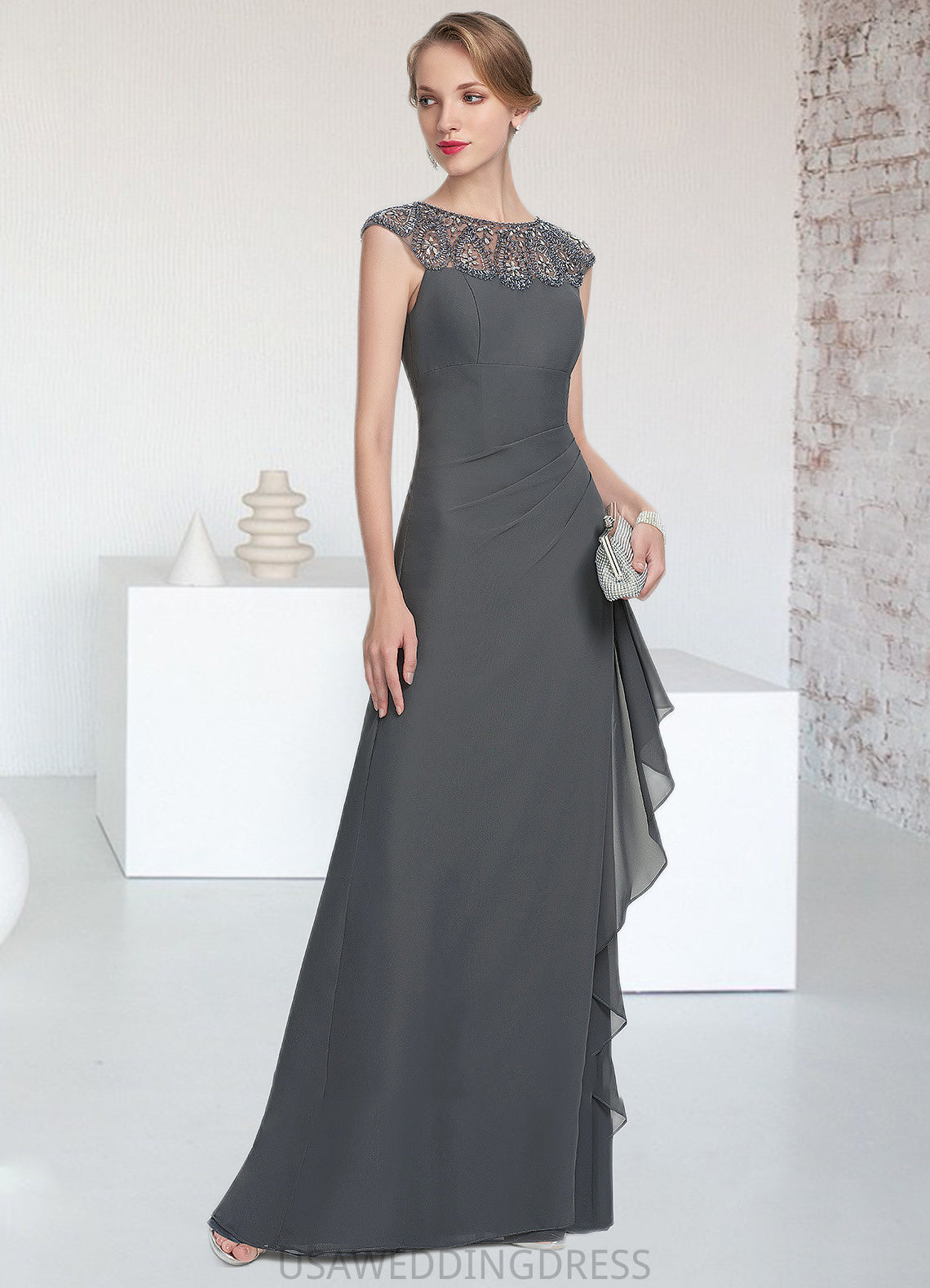 Adalyn A-Line Scoop Neck Floor-Length Chiffon Mother of the Bride Dress With Beading Sequins Cascading Ruffles DS126P0014721