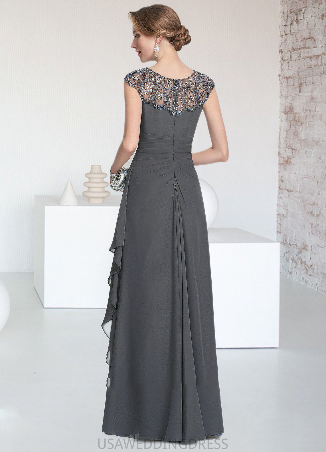 Adalyn A-Line Scoop Neck Floor-Length Chiffon Mother of the Bride Dress With Beading Sequins Cascading Ruffles DS126P0014721