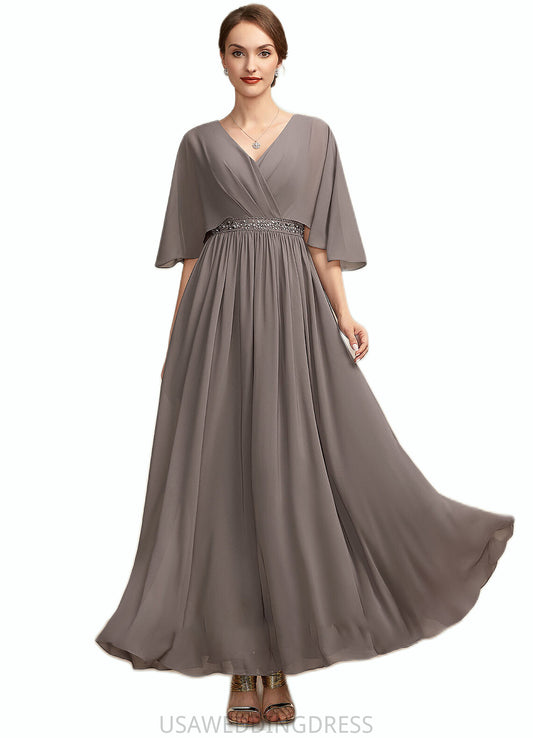 Everleigh A-Line V-neck Ankle-Length Chiffon Mother of the Bride Dress With Ruffle Beading DS126P0014723