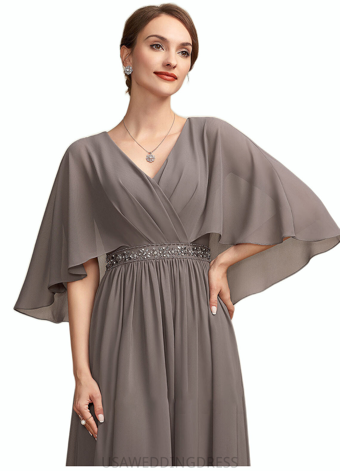 Everleigh A-Line V-neck Ankle-Length Chiffon Mother of the Bride Dress With Ruffle Beading DS126P0014723