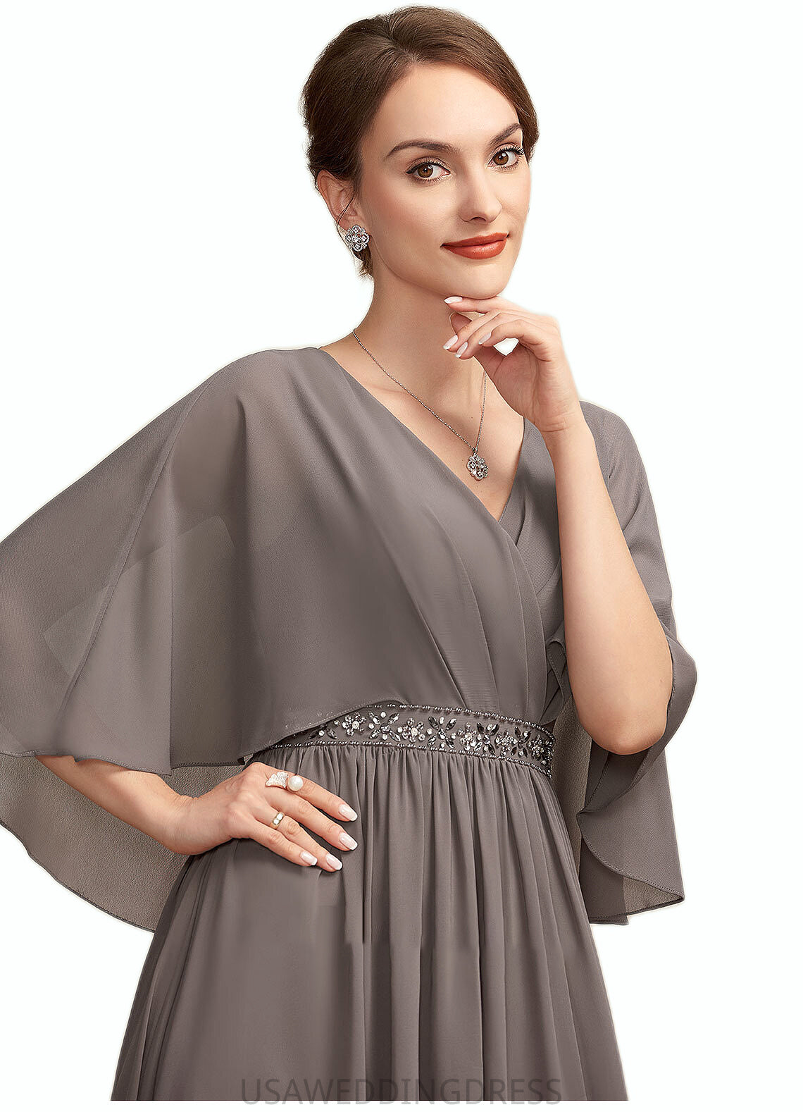 Everleigh A-Line V-neck Ankle-Length Chiffon Mother of the Bride Dress With Ruffle Beading DS126P0014723