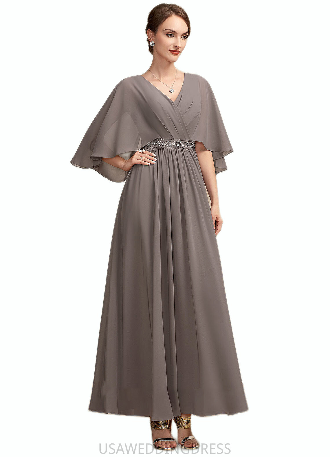 Everleigh A-Line V-neck Ankle-Length Chiffon Mother of the Bride Dress With Ruffle Beading DS126P0014723