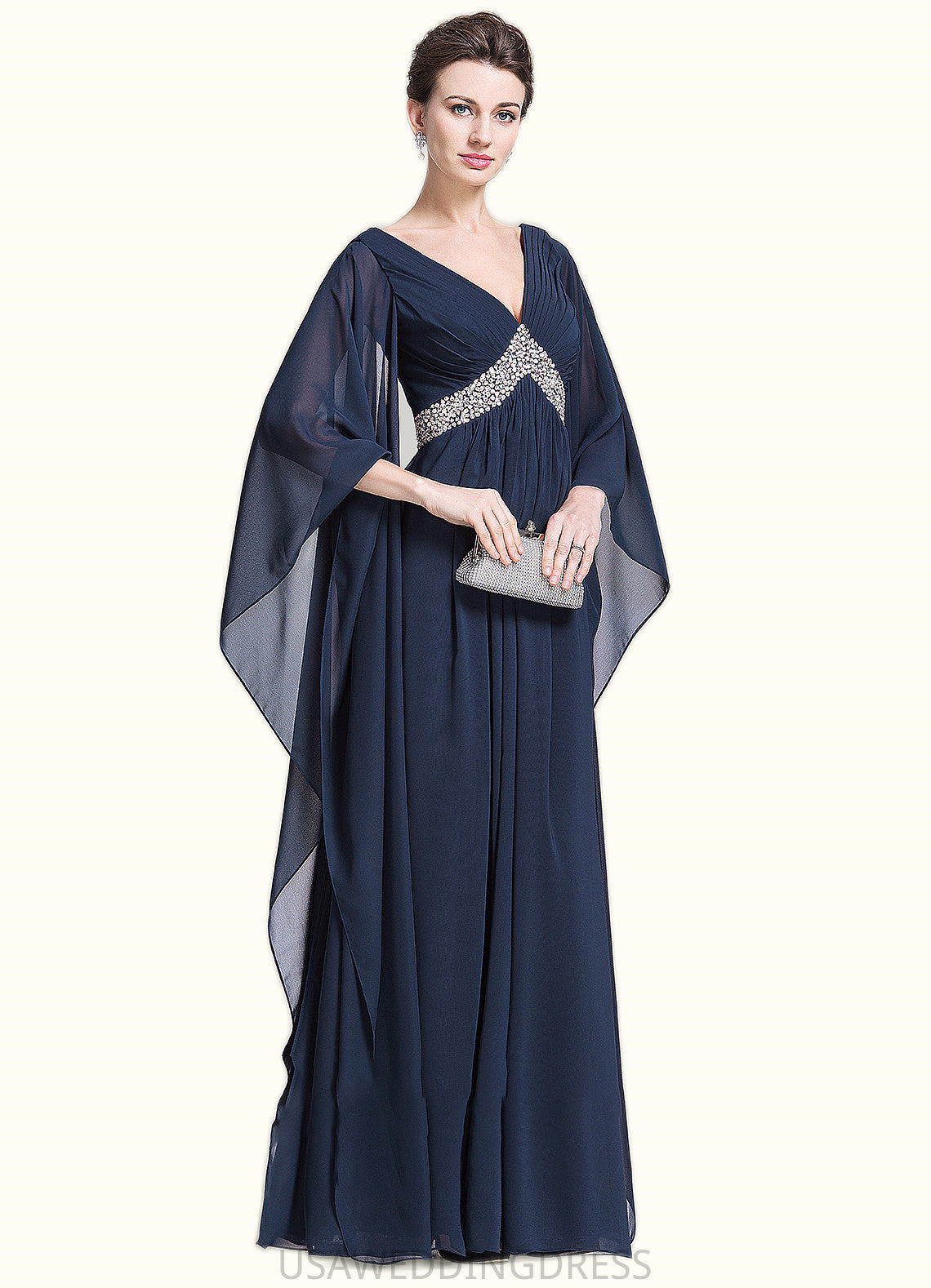 Taniya Empire V-neck Floor-Length Chiffon Mother of the Bride Dress With Ruffle Beading Sequins DS126P0014724