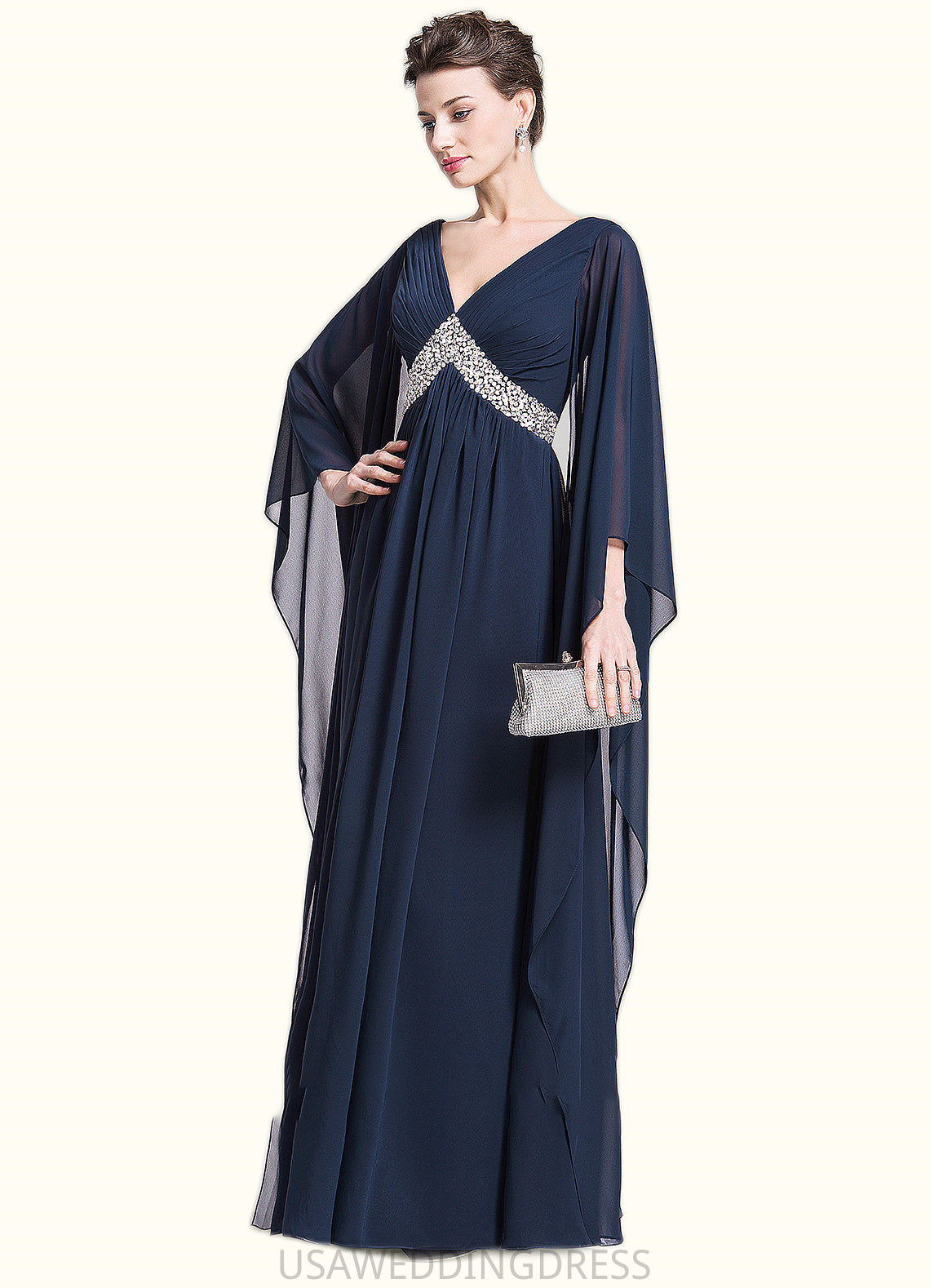 Taniya Empire V-neck Floor-Length Chiffon Mother of the Bride Dress With Ruffle Beading Sequins DS126P0014724