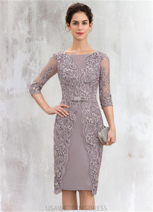 Jaelyn Sheath/Column Scoop Neck Knee-Length Satin Lace Mother of the Bride Dress With Beading Bow(s) DS126P0014727