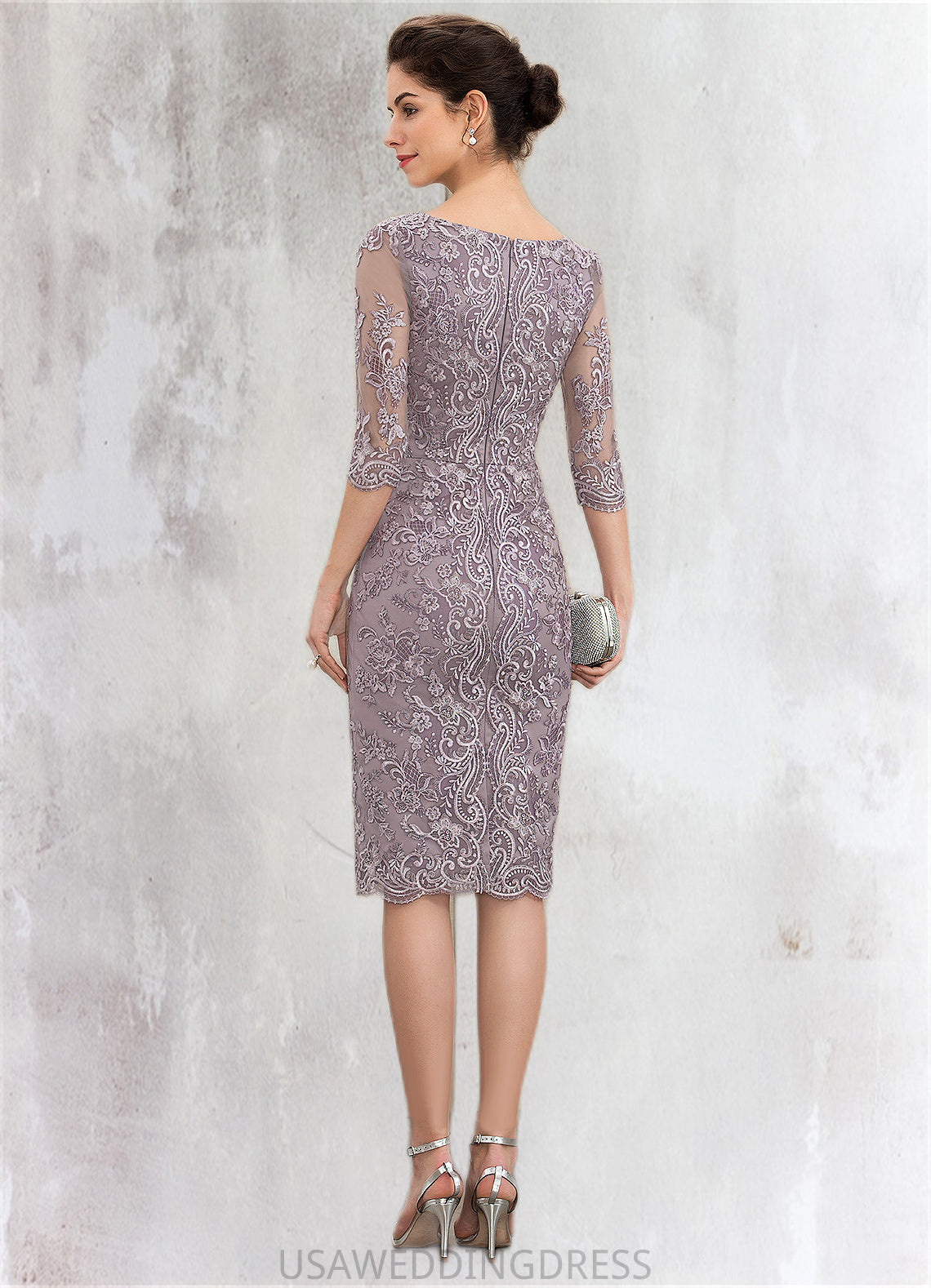 Jaelyn Sheath/Column Scoop Neck Knee-Length Satin Lace Mother of the Bride Dress With Beading Bow(s) DS126P0014727