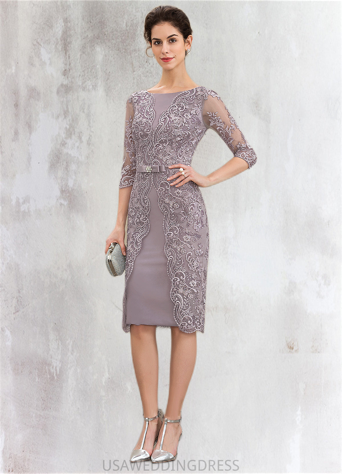 Jaelyn Sheath/Column Scoop Neck Knee-Length Satin Lace Mother of the Bride Dress With Beading Bow(s) DS126P0014727