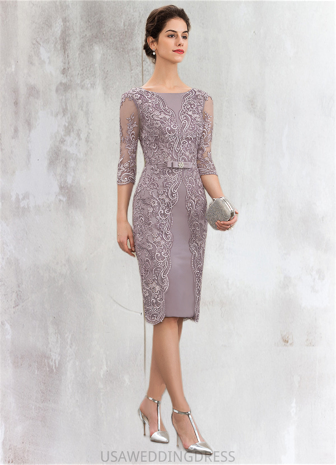 Jaelyn Sheath/Column Scoop Neck Knee-Length Satin Lace Mother of the Bride Dress With Beading Bow(s) DS126P0014727