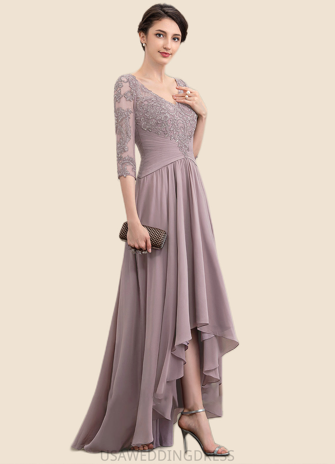 Arielle A-Line V-neck Asymmetrical Chiffon Lace Mother of the Bride Dress With Sequins DS126P0014728