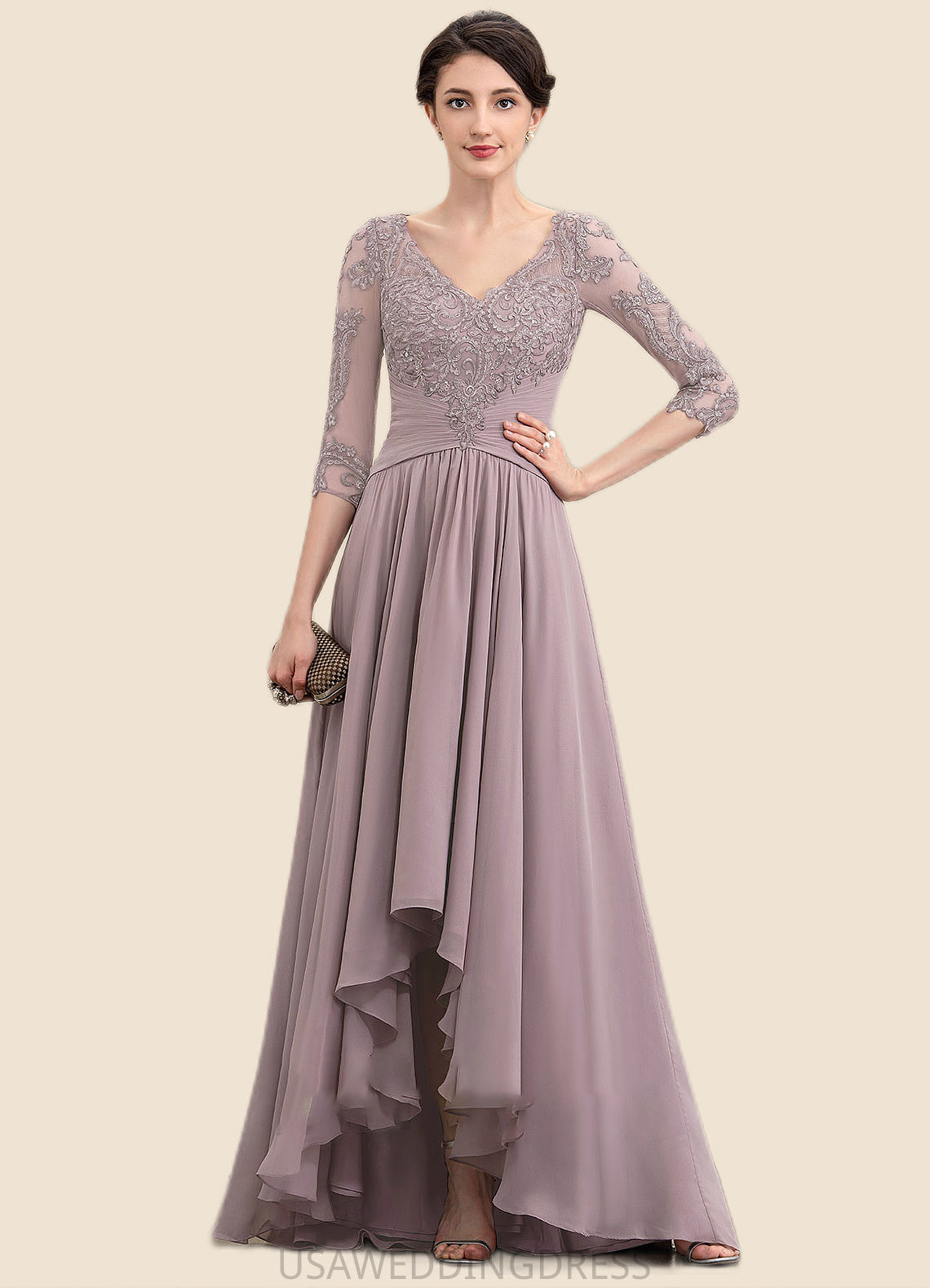 Arielle A-Line V-neck Asymmetrical Chiffon Lace Mother of the Bride Dress With Sequins DS126P0014728