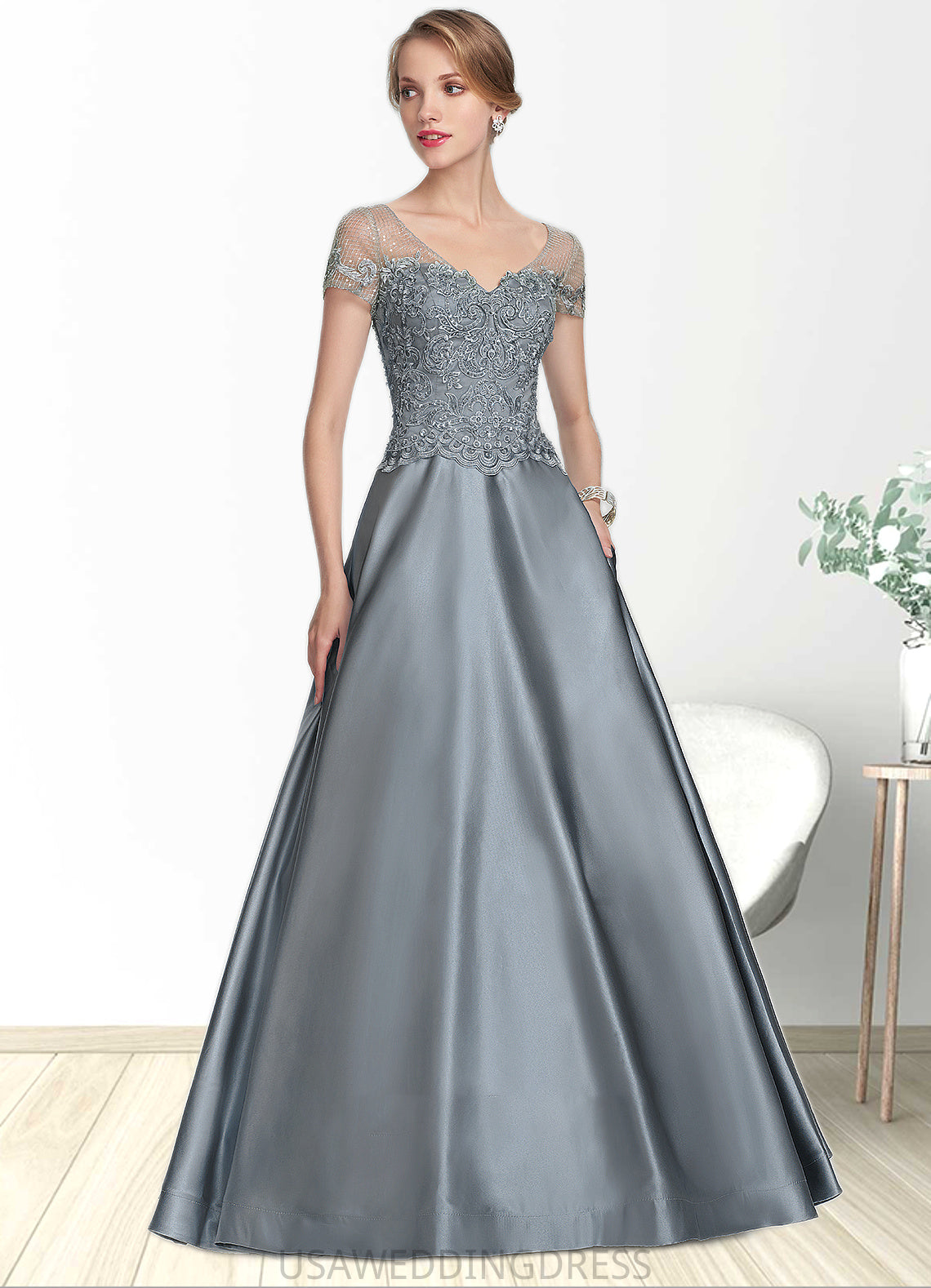 Haven A-Line V-neck Floor-Length Satin Lace Mother of the Bride Dress With Beading Sequins DS126P0014730